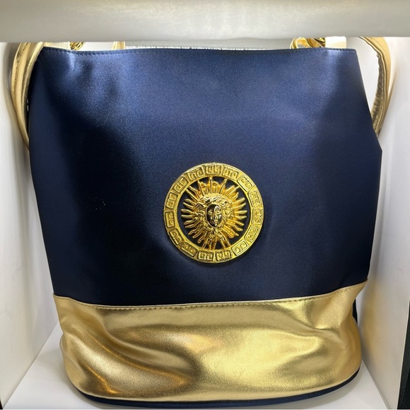 Handbags - Vintage Medusa Head Bucket Bag – Gold & Navy Y2K Shoulder Bag